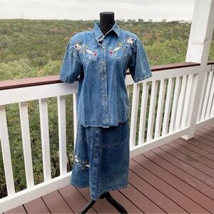 Vintage Acid‎ Denim Wash Embellished Western Skirt and Shirt